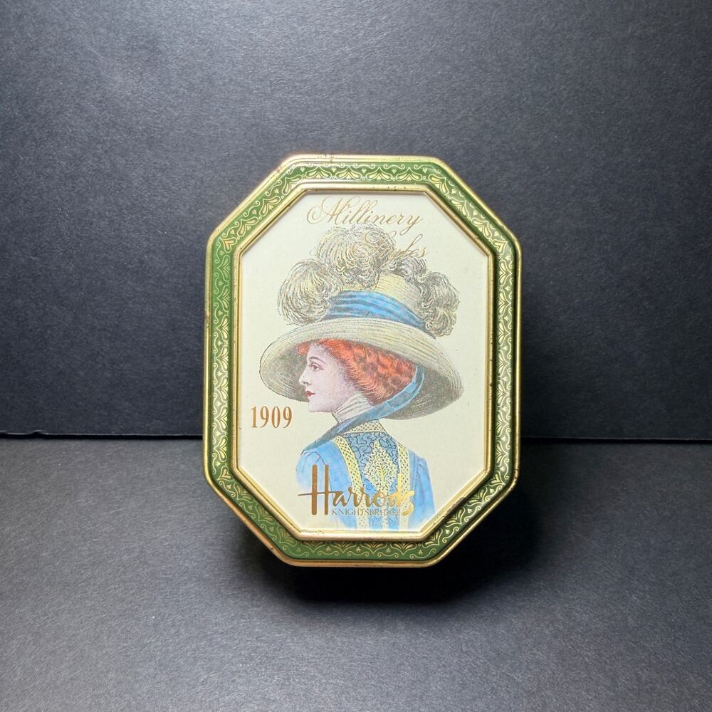 Vintage Harrods Millinery Styles 1909 Mint Drop Tin Trinket Box Empty (1994)